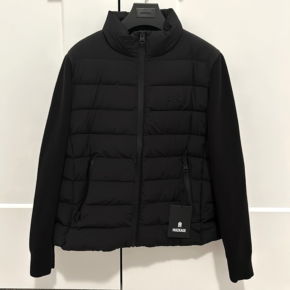 Mackage oceane-city light down mixed media jacket. Black, size small.Knit sleeve
